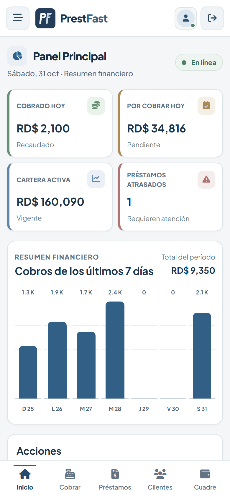 El mismo panel de PrestFast en un teléfono Android